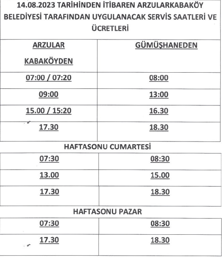 13 Kasım 2023' den İtibaren Servis Saatlerimiz