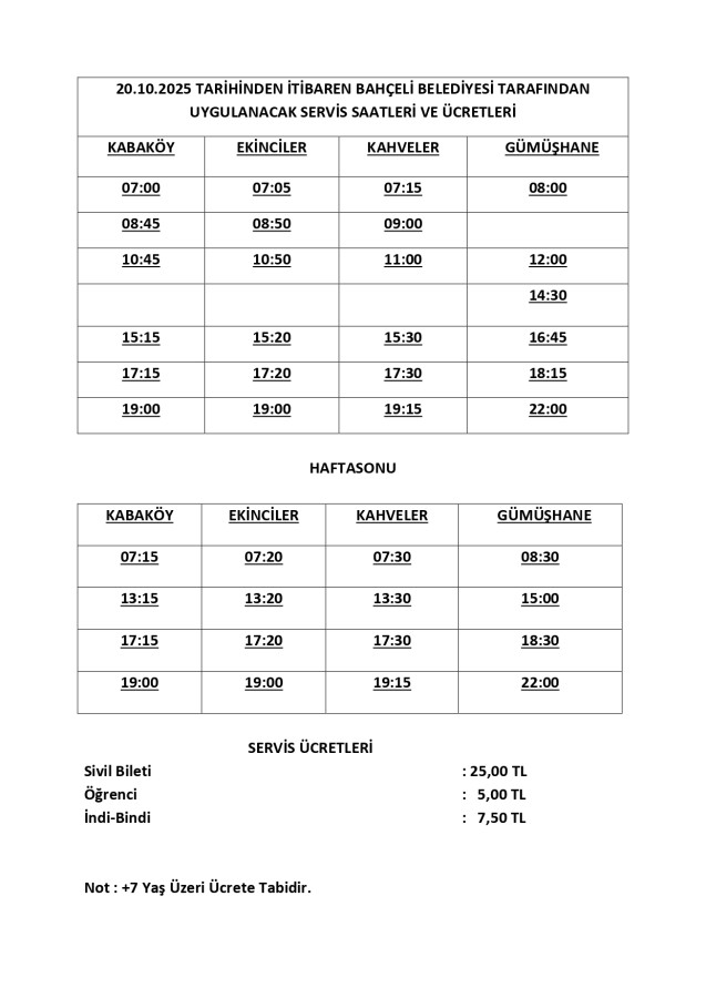 20.10.2025 TARİHİNDEN İTİBAREN BAHÇELİ BELEDİYESİ TARAFINDAN UYGULANACAK SERVİS SAATLERİ